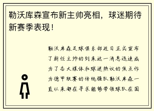 勒沃库森宣布新主帅亮相，球迷期待新赛季表现！